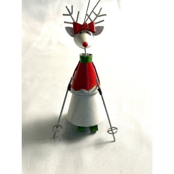 Reindeer Christmas Ornament With Skis & Red Bow  Metal Handcrafted  Holiday Deco - Picture 2 of 6